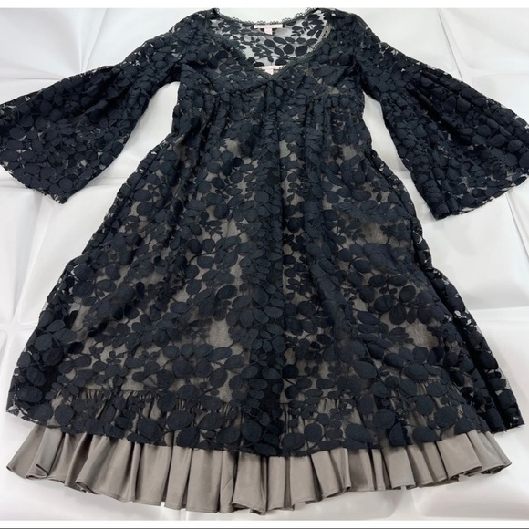 Rebecca Taylor Sz 2 Black Lace V Neck Bell Sleeve Exposed Pleated Slip xs Dress - Picture 5 of 13